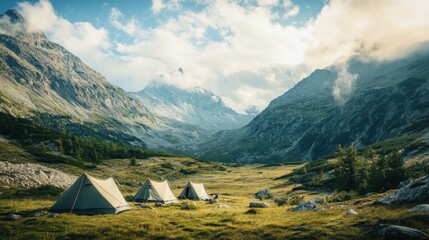 A rustic camping scene amidst rugged mountain peaks, Tents nestled in alpine meadows, Alpine adventure style