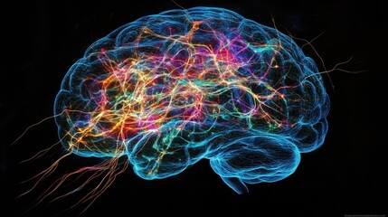 A vibrant and colorful representation of a brain's neural network on a dark background.