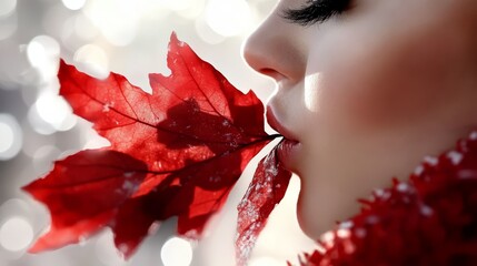  A woman holds a red leaf in a close-up shot, her mouth enveloping it The backdrop is adorned with a bouquet of lights
