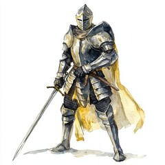 watercolor painting of a knight in shining armor holding a sword, on isolated white background