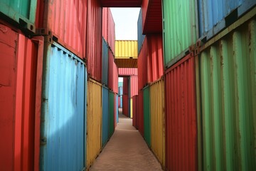 Fototapeta premium A vibrant labyrinth made of stacked shipping containers in various colors.