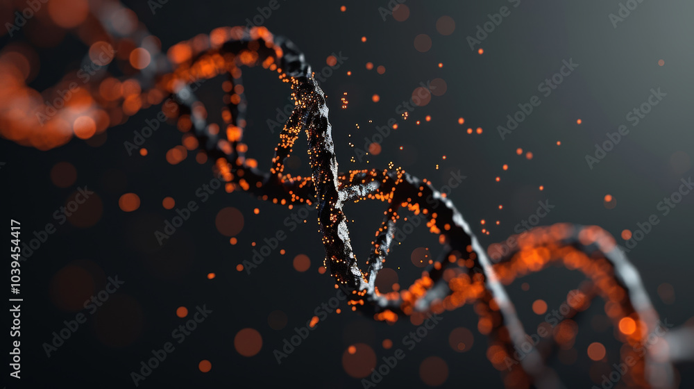 Poster futuristic digital representation of dna helix with glowing particles, showcasing intricate structur