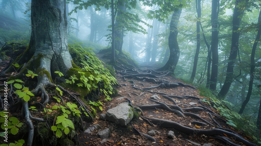 Poster mysterious forest path with creeping vines and fog