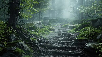 Enigmatic Path Through a Misty Forest