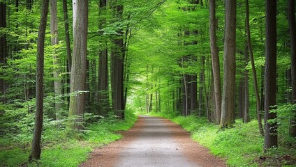 Naklejka premium A winding forest path surrounded by tall trees and green leaves, with a dirt road stretching into the distance, creating a peaceful nature scene.