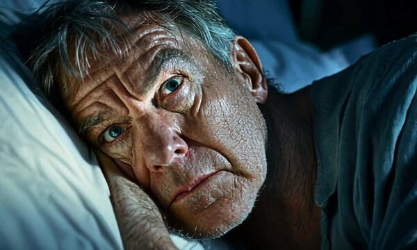 Senior man with insomnia lying in bed