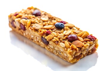 A close-up aerial view showcases the intricate details of a healthy granola bar on a pristine white surface.
