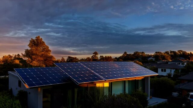 solar panels installed on residential home house with Tim lapse motion from sunrise to sunset for clean green energy and solar photovoltaic energy concepts