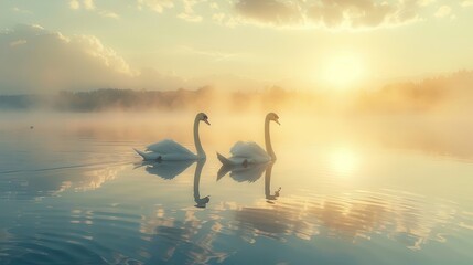 Fototapeta premium Elegant Swans Gliding on Serene Water at Sunrise