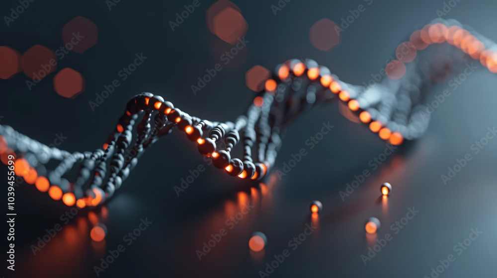 Poster glowing 3d dna model elegantly twists and turns, surrounded by floating particles, creating captivat