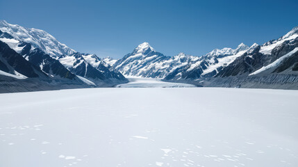 Naklejka premium stunning glacier cascading down mountainside, surrounded by majestic peaks and clear blue sky, creates breathtaking landscape of natural beauty and tranquility
