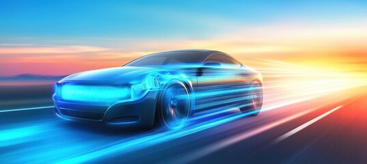 The air conditioner inside the car is in blue, with light rays flowing through it and emanating from its edges. The background shows an open road with blurred motion