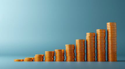 graph showing financial growth represented by stacks of coins, illustrating increasing value and prosperity. vibrant orange coins stand out against calming blue background, symbolizing success