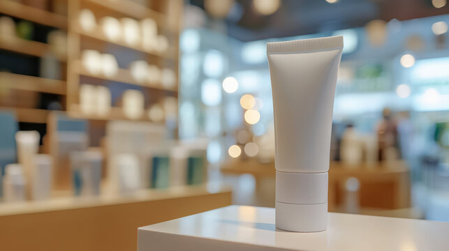close up of closed day cream tube on display in store, with blurred background of shelves and lights, creating serene atmosphere