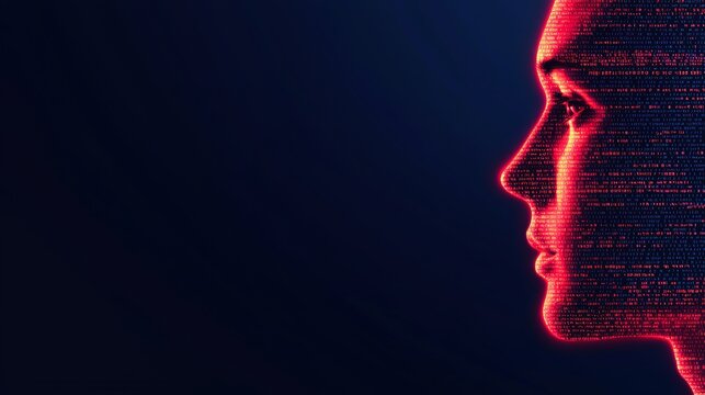 A striking side profile of a human face composed of glowing red code against a dark background, representing the fusion of human identity and digital technology. Abstract image, AI, virtual identity.