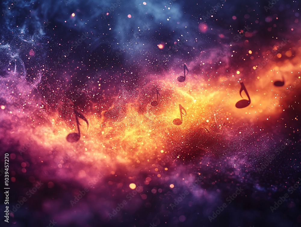 Poster closeup abstract music background with blurred musical notes in a cosmic setting creating a dreamlik