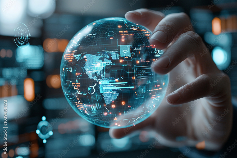 Poster exploring the future a closeup of an ai-enhanced blue hologram globe representing global connectivit