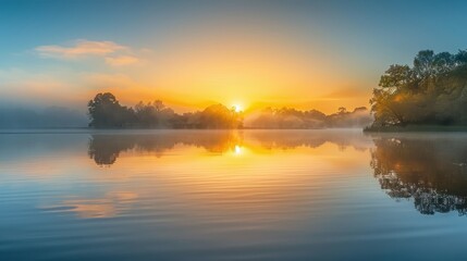 Obraz premium Serene Sunrise over Misty Lake Landscape