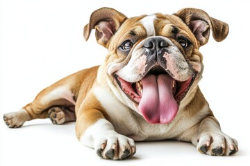 Obraz premium Bulldog with tongue out laying on white background, isolate,