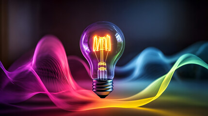 A glowing light bulb surrounded by colorful waves, symbolizing energy, innovation, and creativity in a dark environment.