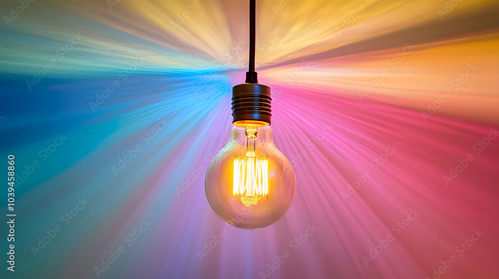 Poster a glowing light bulb hangs from a ceiling, casting colorful rays on a soft background, creating a wa