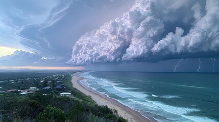 Approaching Thunderstorm Over Coastal Town