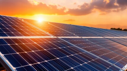 Solar panels under sunset sky, clean energy source and sustainable future.