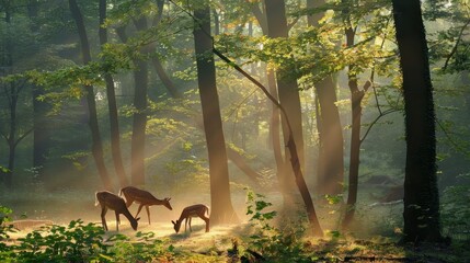 Tranquil Forest Scene with Grazing Deer