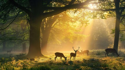 Peaceful Forest Scene with Grazing Deer