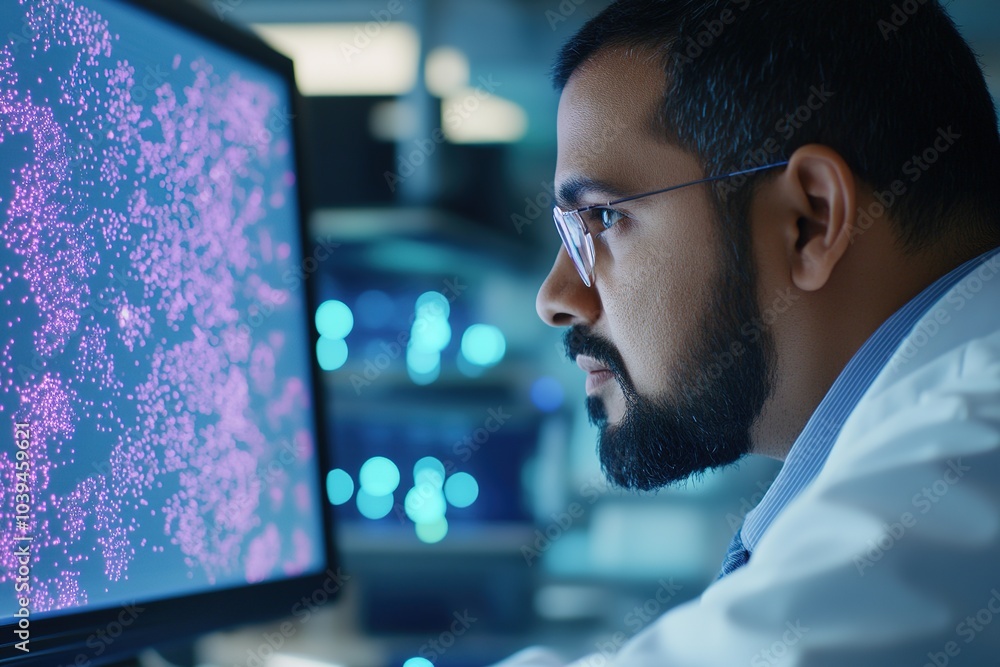 Poster scientist analyzing dna data on computer screen