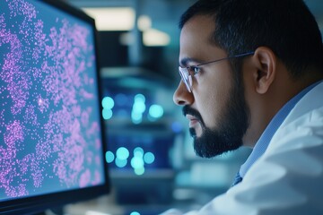 Scientist analyzing DNA data on computer screen