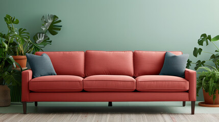 light coral sofa with blue cushions adds comfort and style to any living space, surrounded by lush greenery for refreshing atmosphere