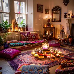 Traditional Indian Living Room with Diwali Lanterns, Cushions, and Decorated Diyas