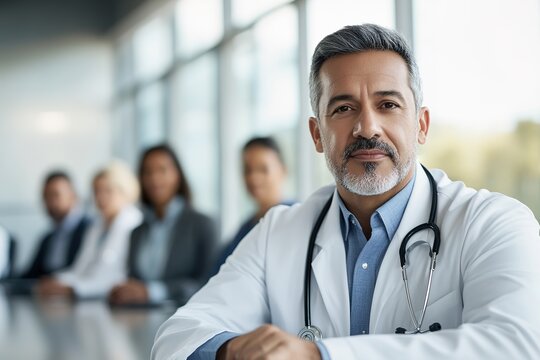 Confident doctor with team in background