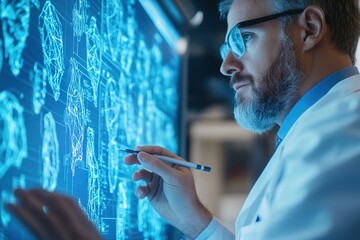Focused scientist analyzing digital DNA strands on screen