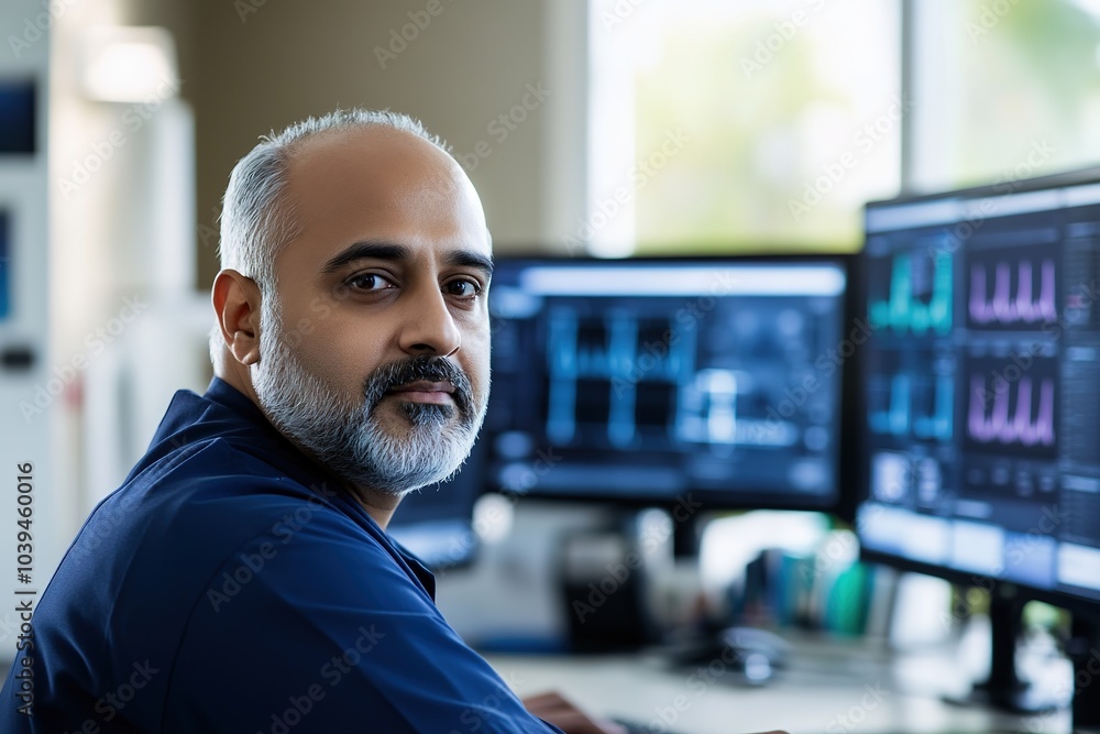Aufkleber confident doctor with computer screens showing data in backgroun