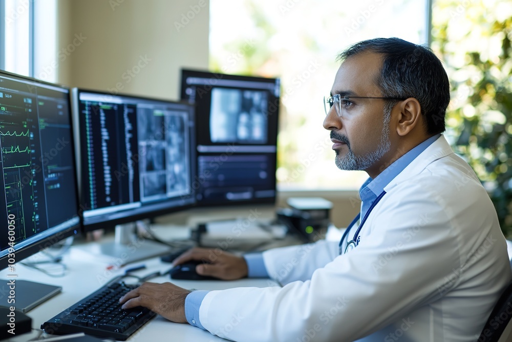 Aufkleber focused doctor analyzing patient data on multiple computer scree
