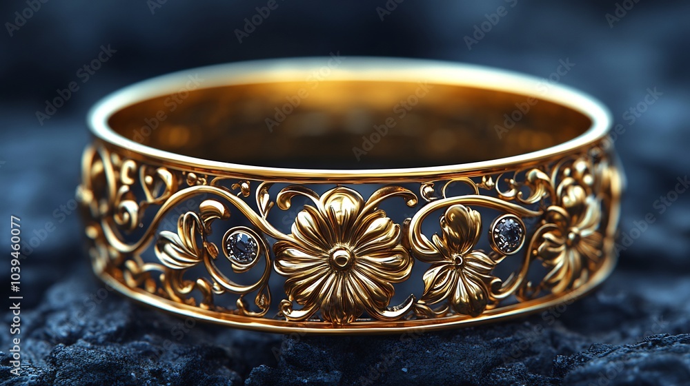 Poster retro gold bracelet with intricate ornamentation resting on a simple sleek background emphasizing th