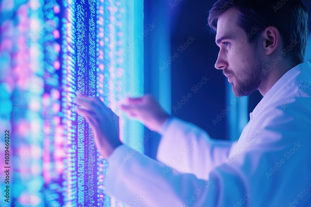 Poster scientist analyzing digital dna data on futuristic interface