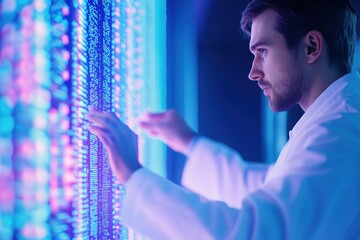 Scientist analyzing digital DNA data on futuristic interface