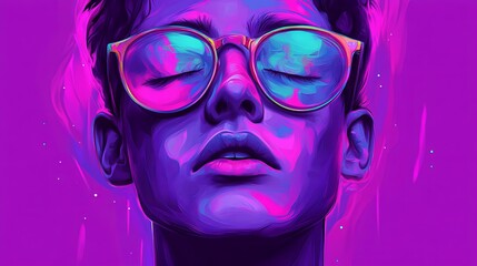  A painting of a man in glasses, with eyes closed and head turned to the side