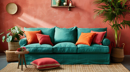 light turquoise sofa with teal cushions creates vibrant focal point in cozy living space. warm orange accents and lush greenery enhance inviting atmosphere