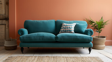 light turquoise sofa with teal cushions creates vibrant focal point in cozy living space, complemented by decorative pillow and potted plant