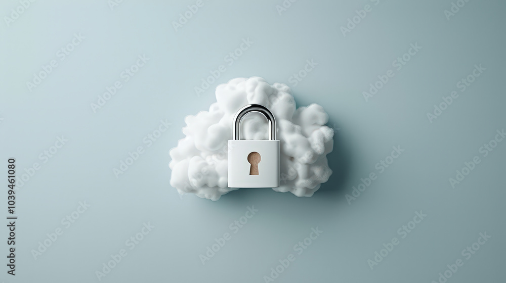 Poster lock icon embedded in cloud symbolizes security and protection in digital realm. this conveys sense 