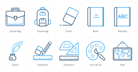 A set of 10 School and Education icons as school bag, eraser, book