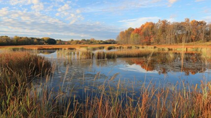 Serene Wetland Landscape with Tall Reeds and Cattails