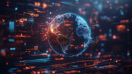 Obraz premium A digital globe hologram with neon blue lines, surrounded by abstract data visualizations and dark background