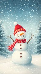 Obraz premium Cheerful snowman with red scarf in snowy forest