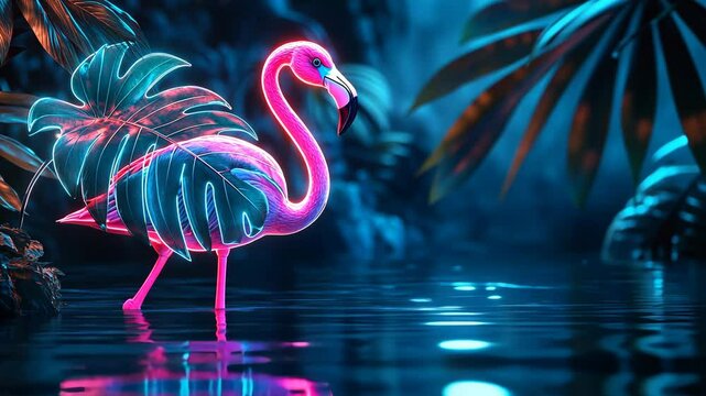 A neon pink flamingo stands in a tropical lagoon with glowing blue leaves