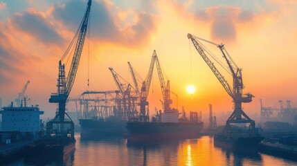 Obraz premium A bustling modern port waking up to the first light of day, with cranes and ships ready for loading under a brilliant sunrise, symbolizing the dawn of a new era in global commerce